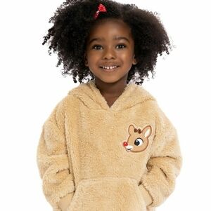 Toddler Girls Sz 5T Cozy Tan Rudolph Reindeer Hoodie for Kids